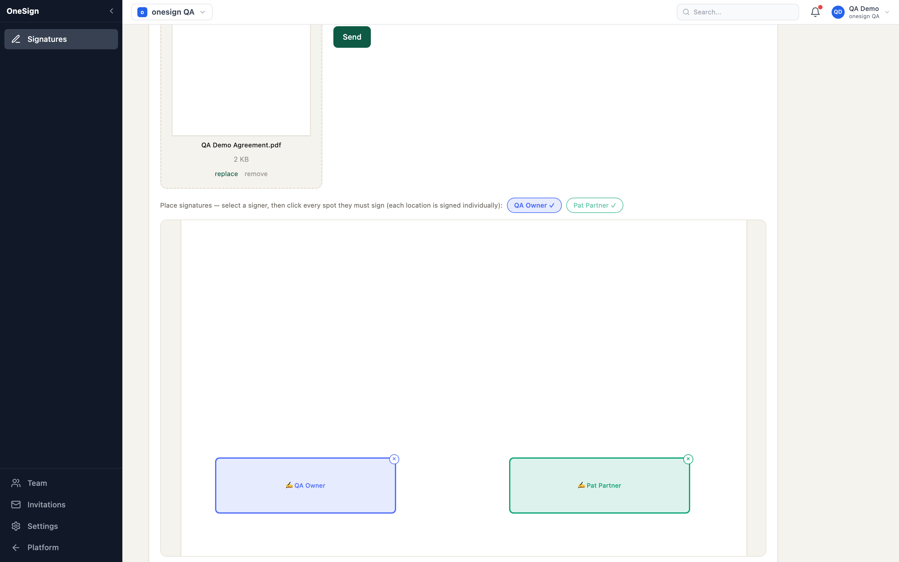 New signature request: the document, recipients and a signature field placed for each signer