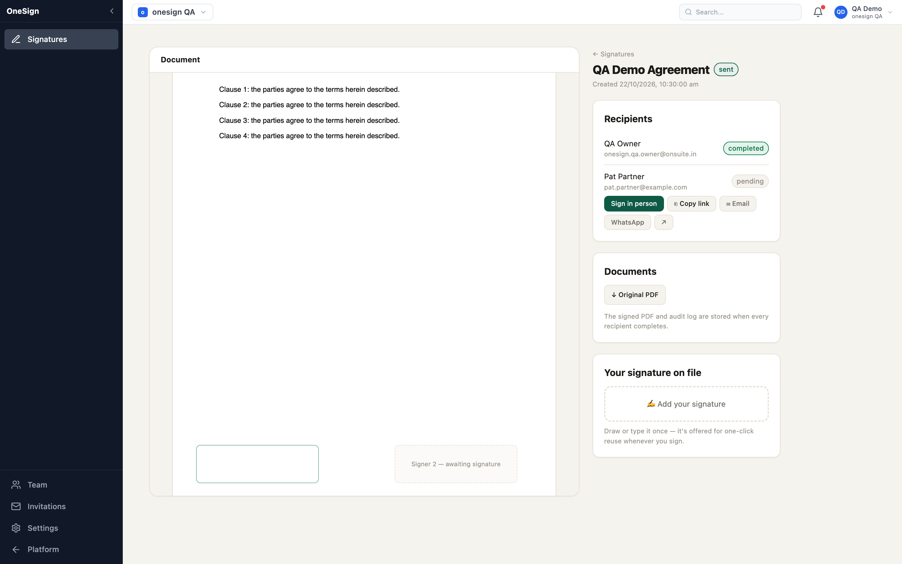 A signature request with the document, field overlays and per-recipient status