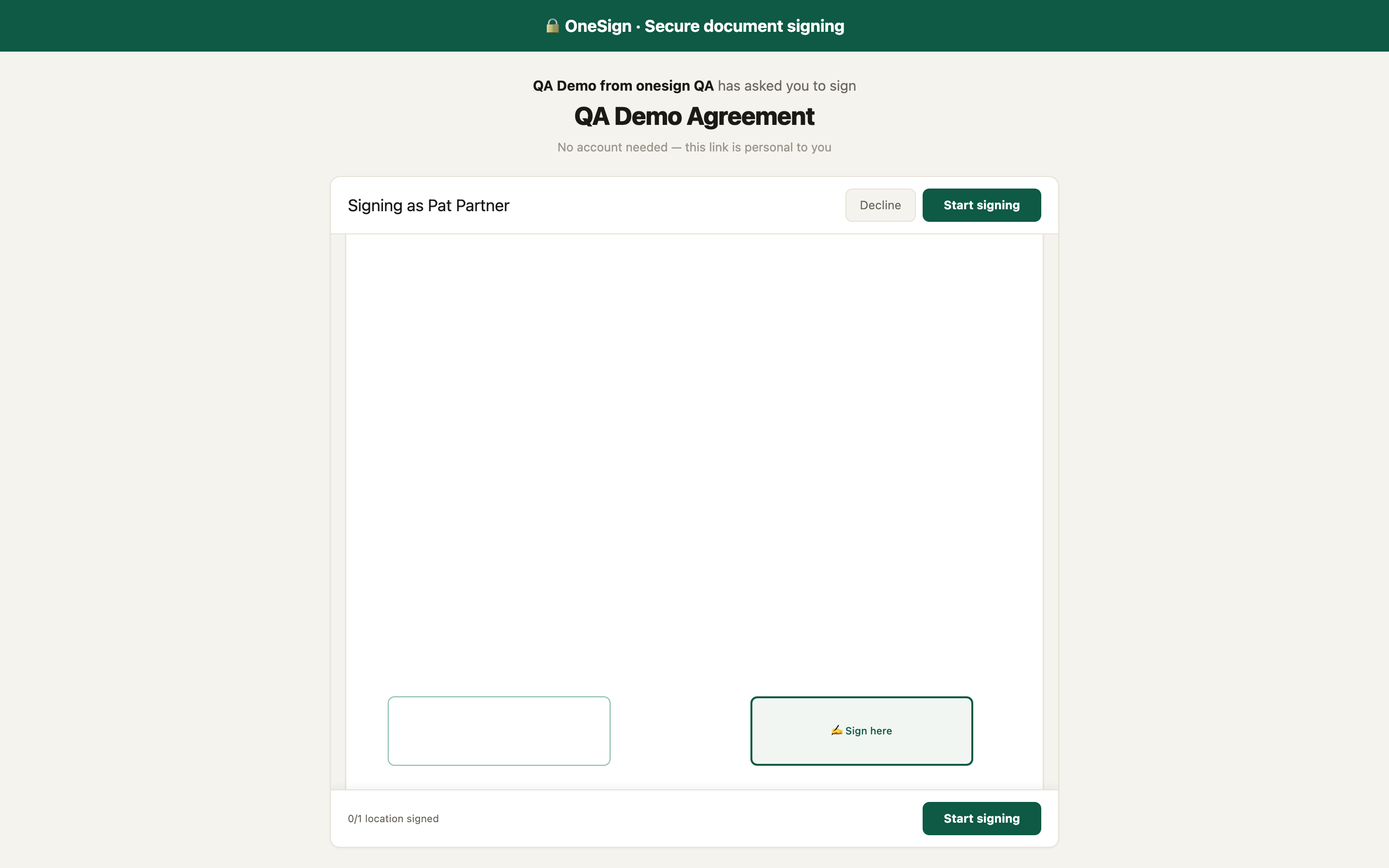 The public signing page an external signer opens from their link